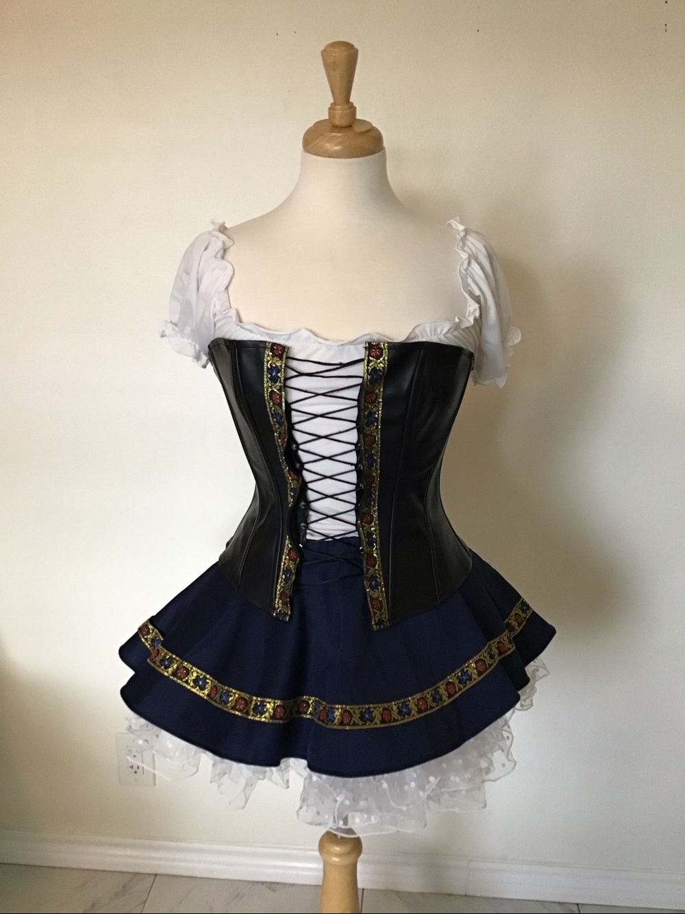 Navy Mini Skirt with Black Faux-Leather Corset Panel
